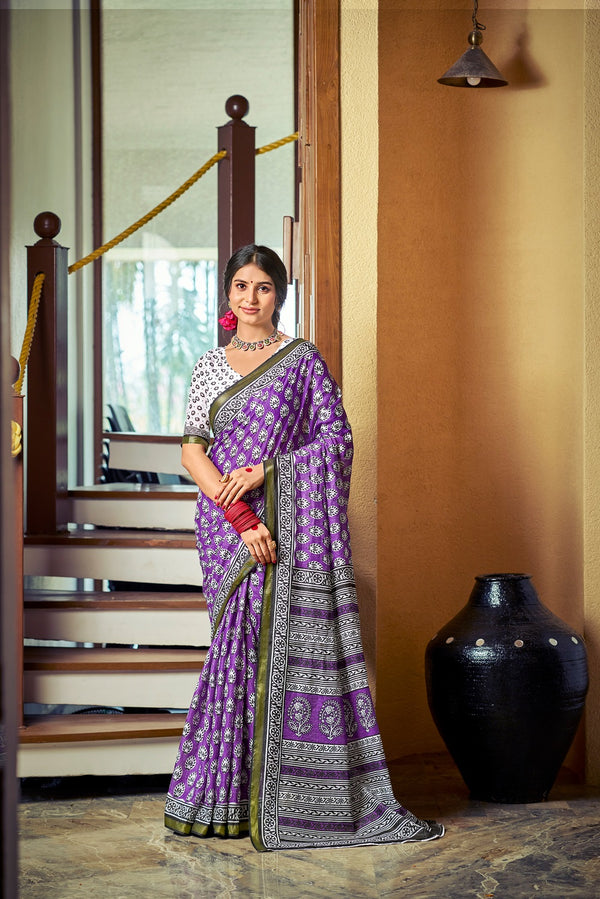 Malishka Cotton Printed Saree With Unstitched Blouse Piece - Purple