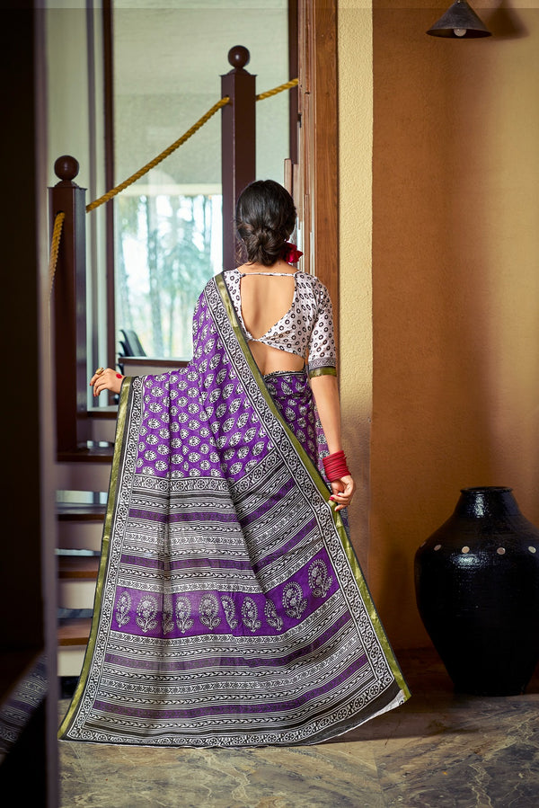 Malishka Cotton Printed Saree With Unstitched Blouse Piece - Purple