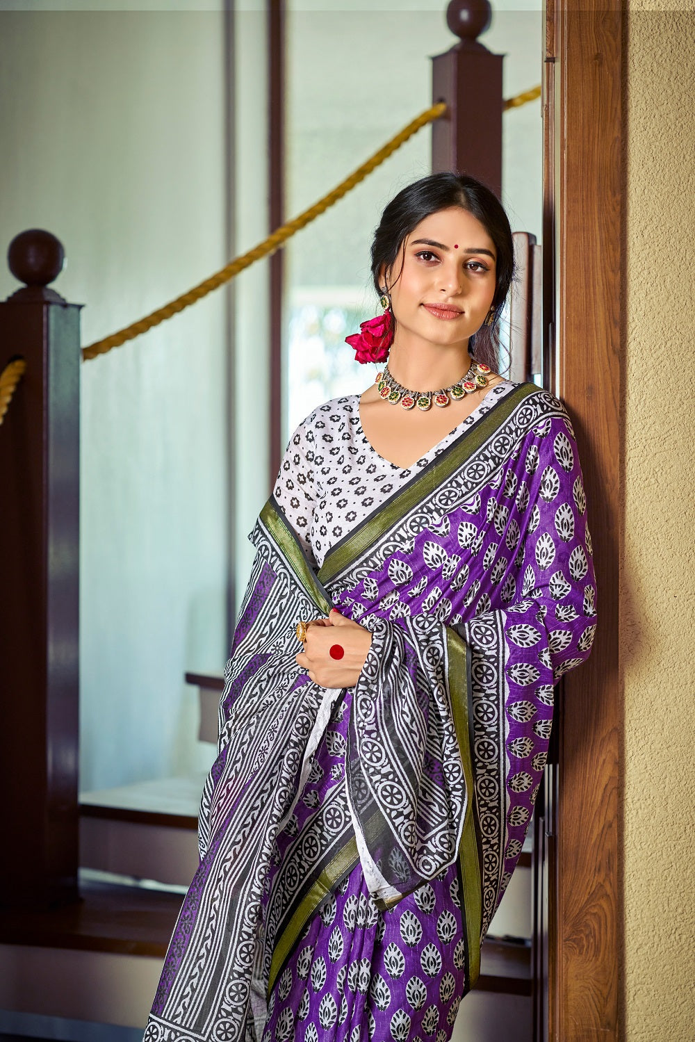 Malishka Cotton Printed Saree With Unstitched Blouse Piece - Purple