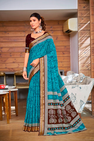 Malishka Cotton Printed Saree With Unstitched Blouse Piece - Sky Blue