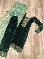 Thumbnail for Vastranavya Green Velvet With Rich Sequins & Zari Embroidered Work Top-Bottom With Dupatta - Distacart