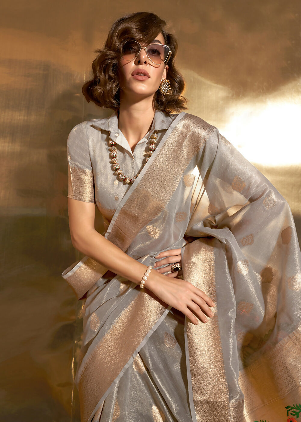 Grey Handwoven Tissue Fabric Festive & Party Style Saree - Emponline - Distacart