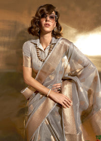 Thumbnail for Grey Handwoven Tissue Fabric Festive & Party Style Saree - Emponline - Distacart
