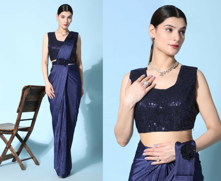 Blue Imported Crush Lycra Texture Pattern Ready to Wear Saree with stitched Blouse - Nirvana - Distacart