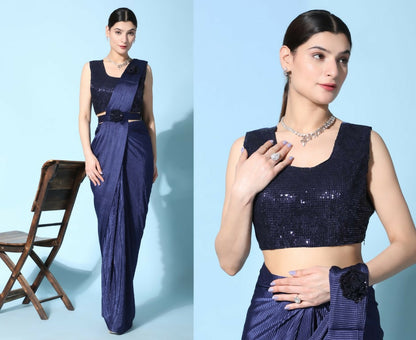Blue Imported Crush Lycra Texture Pattern Ready to Wear Saree with stitched Blouse - Nirvana - Distacart