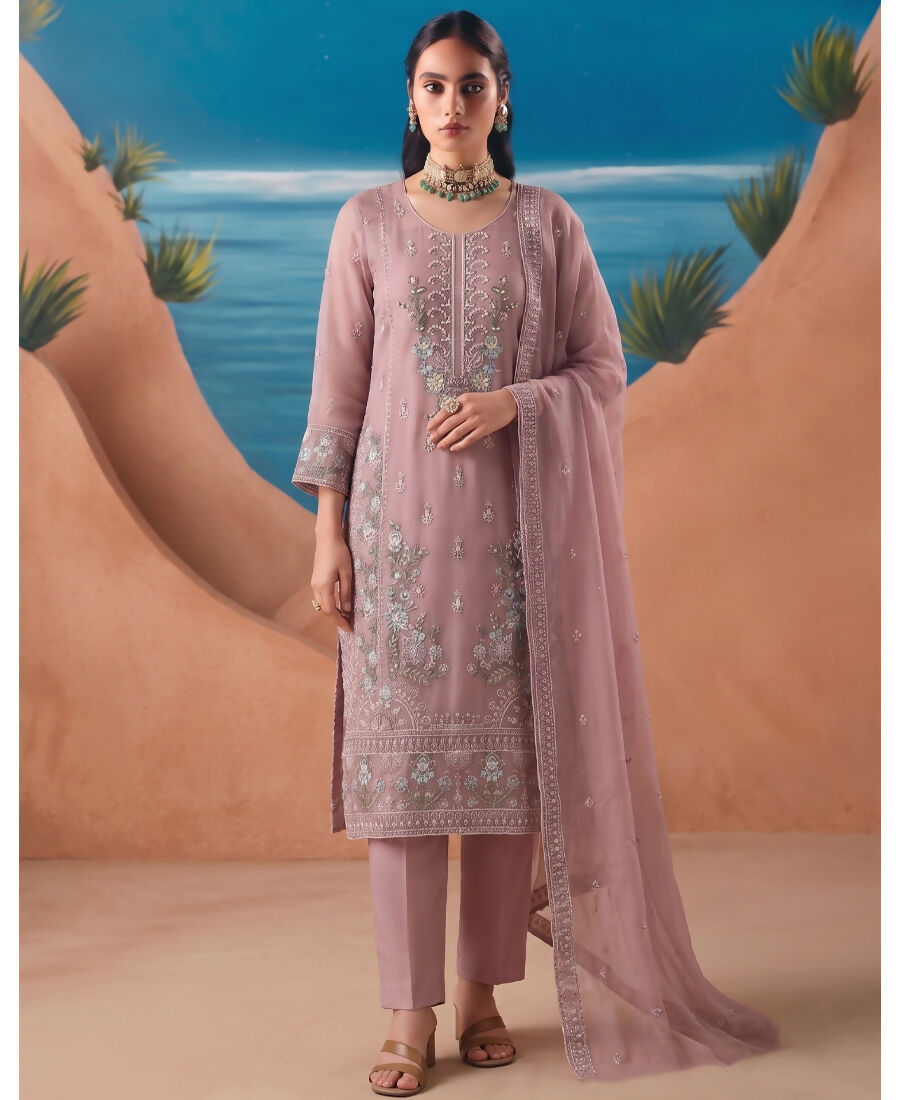 KC Heavy Chiffon Silk Pink Hand Embroidered Straight Suit For Women Wedding - Dista