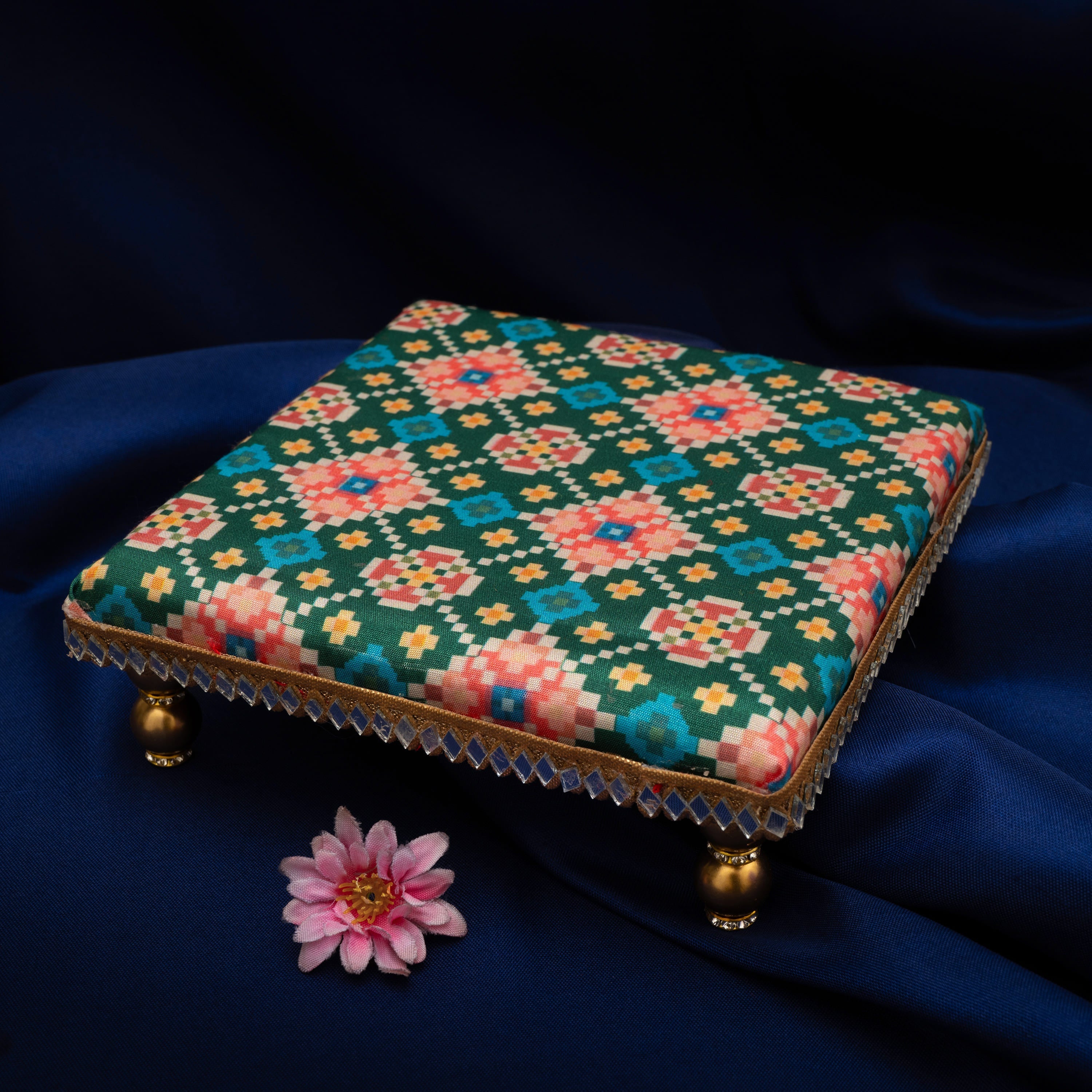 Damaroo 4X4 inch | Mirror Mystic Cushioned Chowki / Bajot | Patola Print - Green - Distacart