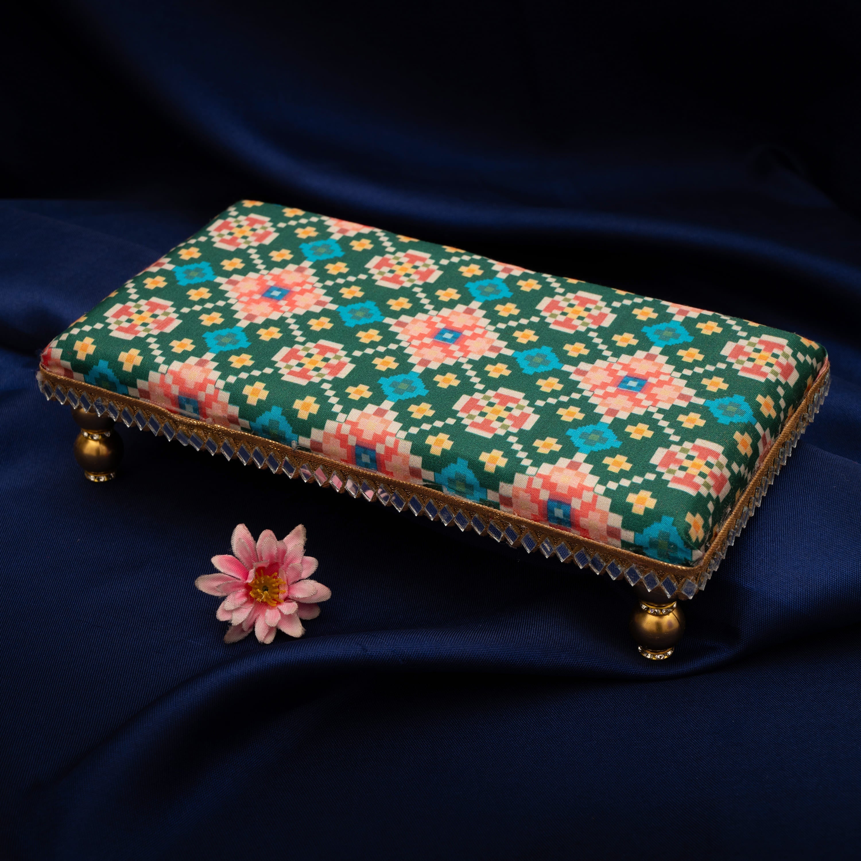 Damaroo 10X4 inch | Mirror Mystic Cushioned Chowki / Bajot | Patola Print - Green - Distacart