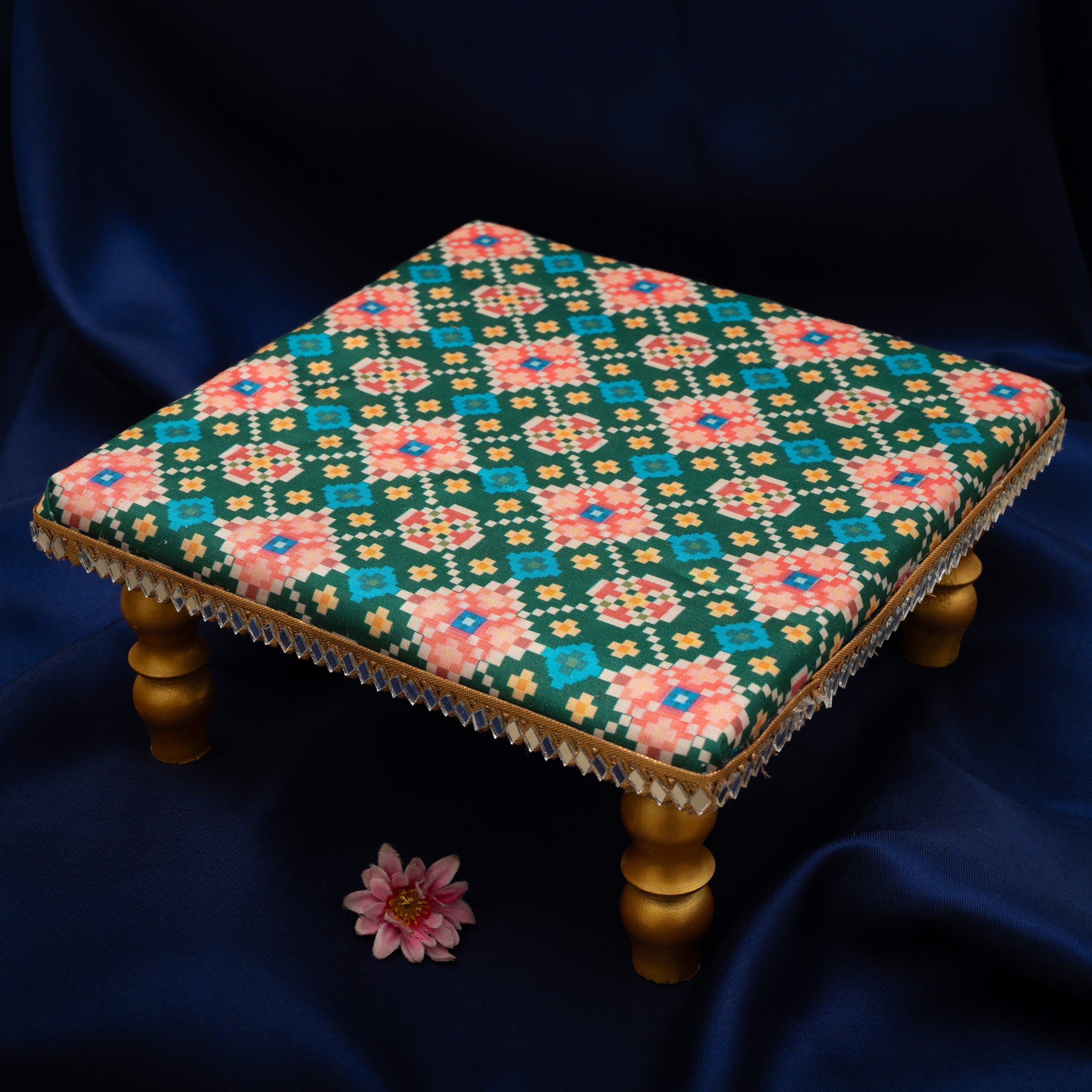 Damaroo 8X8 inch | Mirror Mystic Cushioned Chowki / Bajot | Patola Print - Green - Distacart