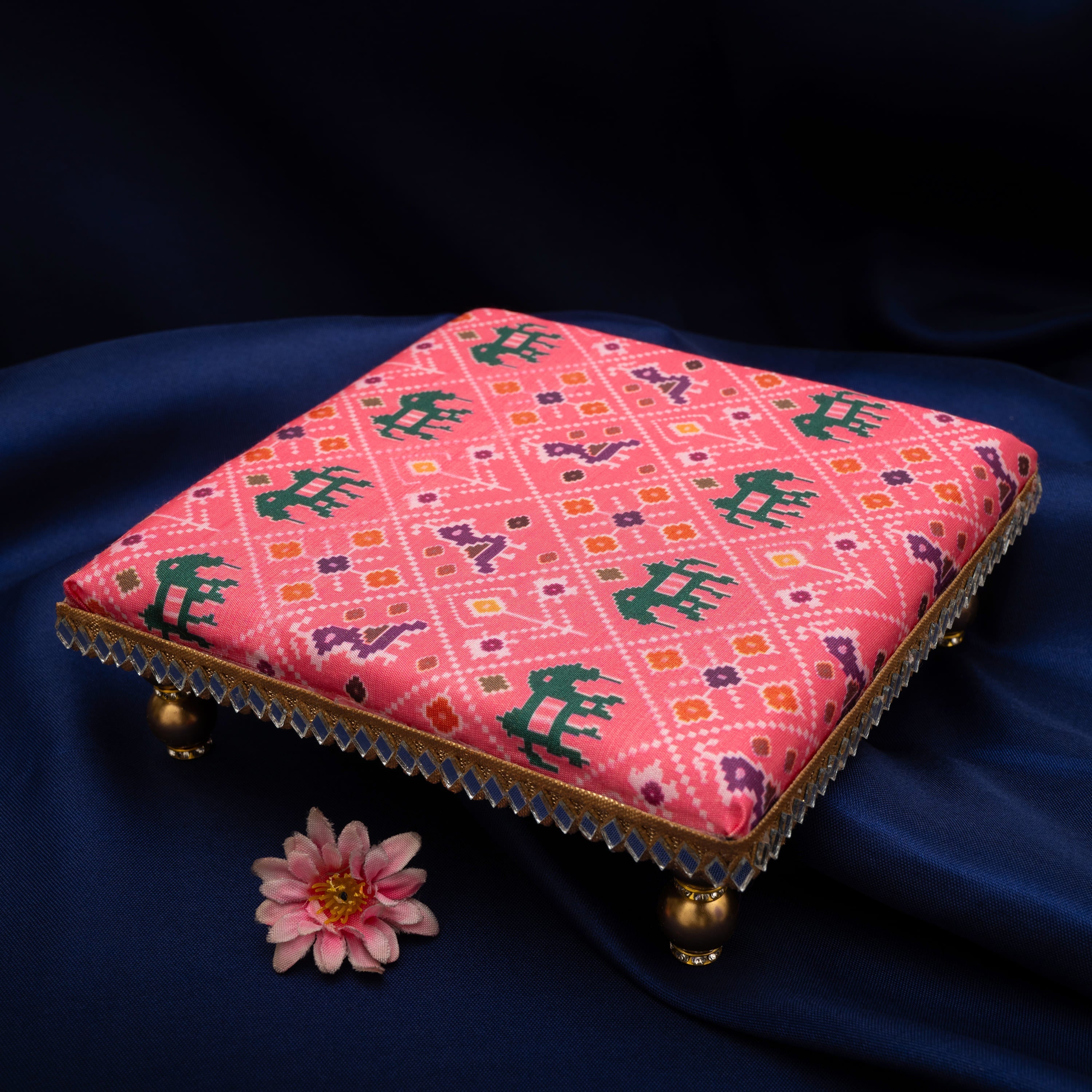 Damaroo 6X6 inch | Mirror Mystic Cushioned Chowki / Bajot | Patola Print - Pink - Distacart