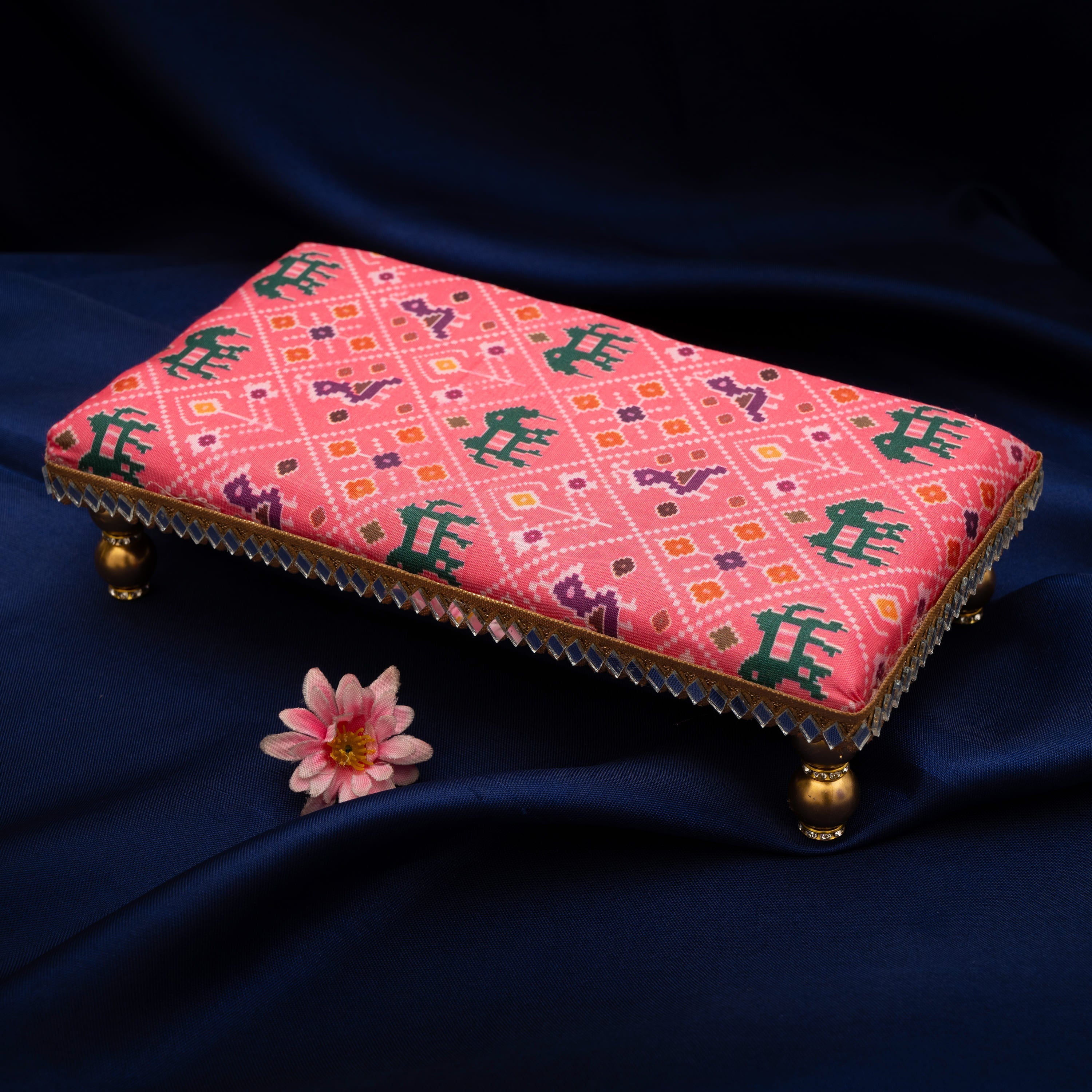 Damaroo 10X4 inch | Mirror Mystic Cushioned Chowki / Bajot | Patola Print - Pink - Distacart