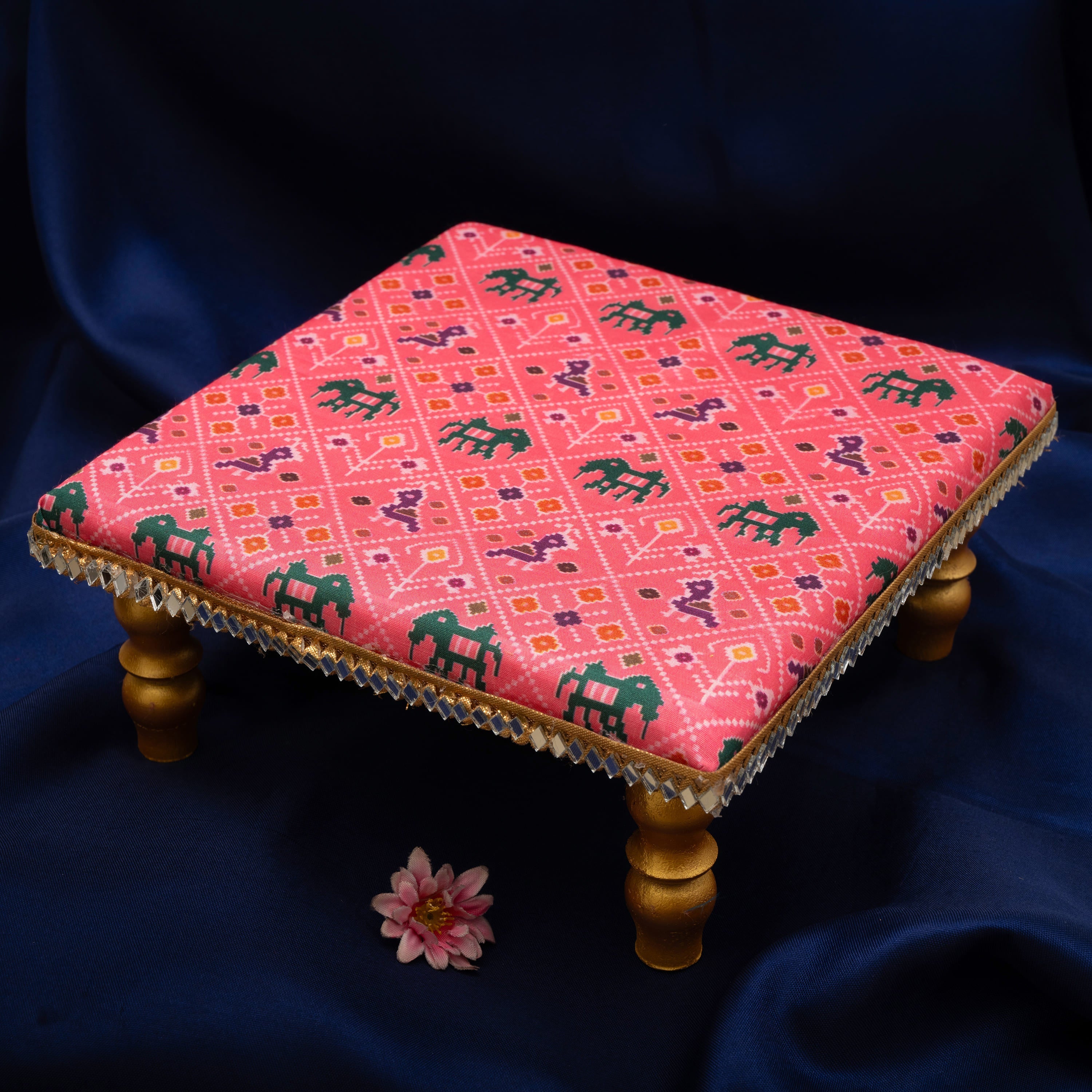 Damaroo 8X8 inch | Mirror Mystic Cushioned Chowki / Bajot | Patola Print - Pink - Distacart
