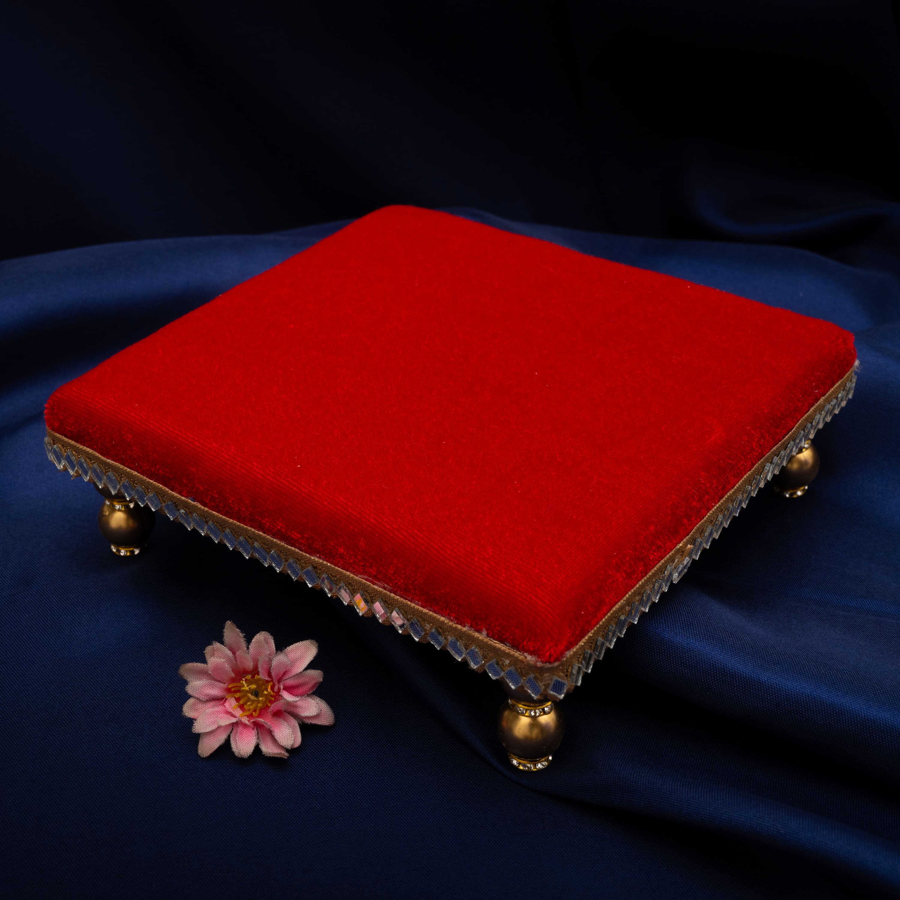 Damaroo 6X6 inch | Mirror Mystic Cushioned Chowki / Bajot | Velvety Golden Accent - Kumkum Red - Distacart