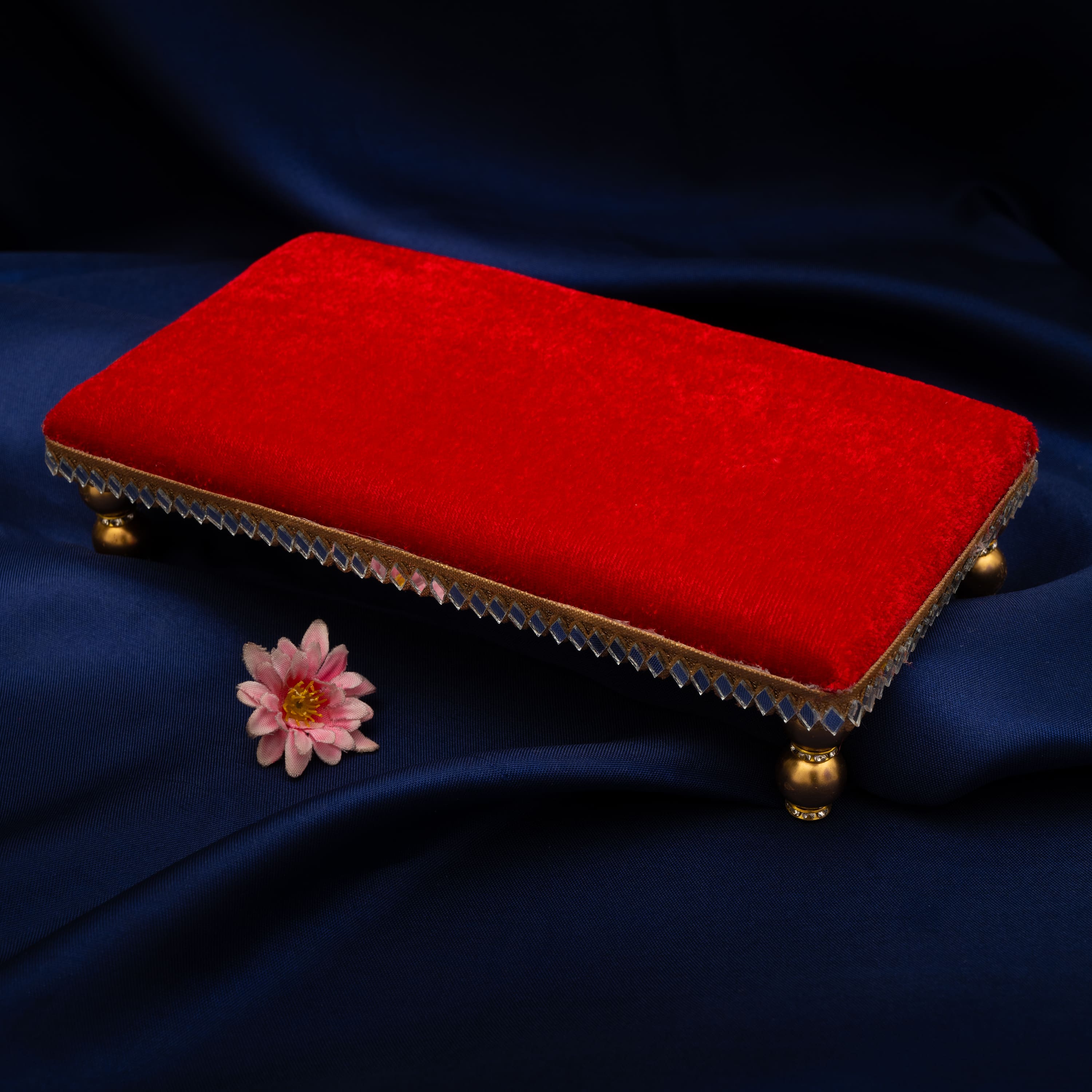 Damaroo 10X4 inch | Mirror Mystic Cushioned Chowki / Bajot | Velvety Golden Accent - Kumkum Red - Distacart
