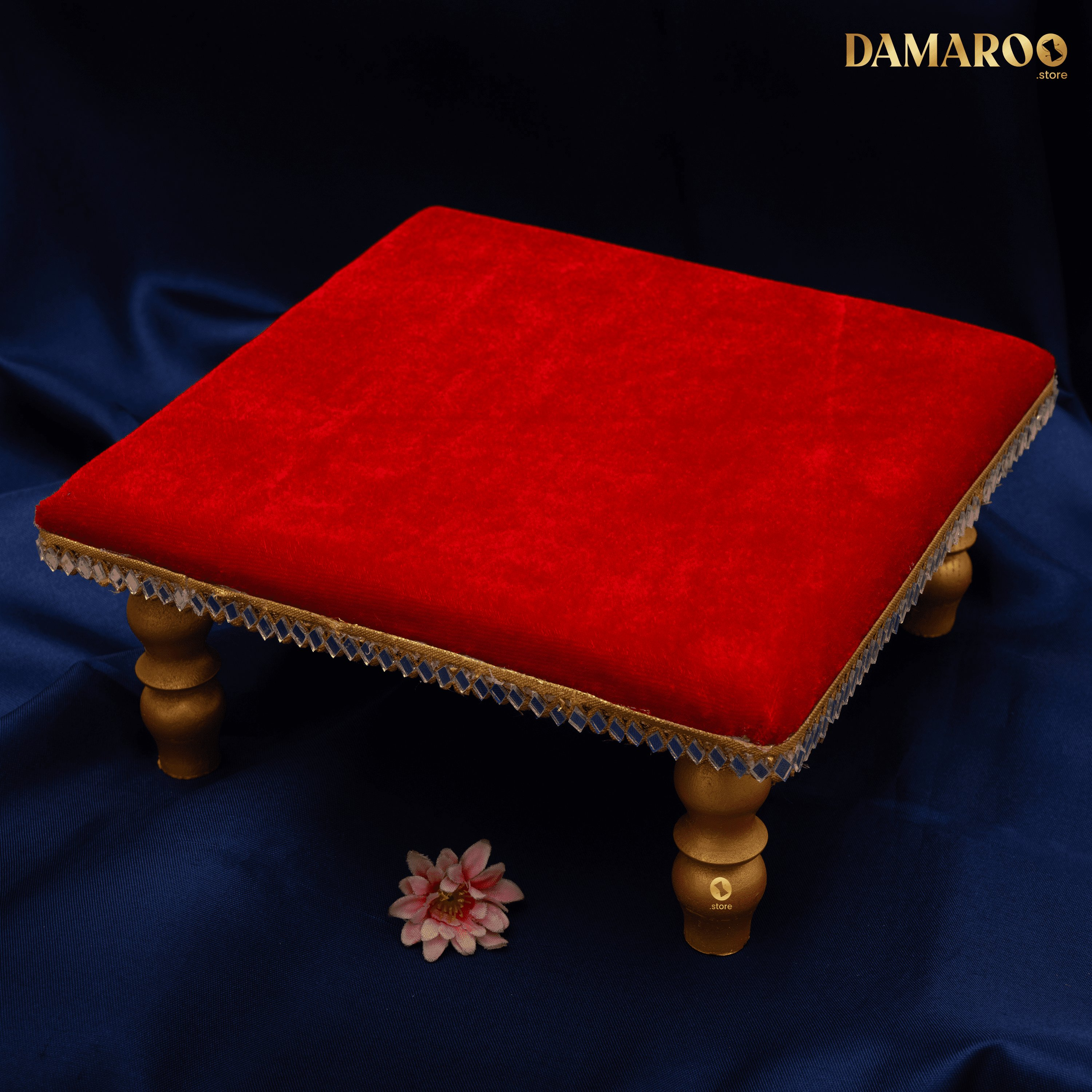 Damaroo 8X8 inch | Mirror Mystic Cushioned Chowki / Bajot | Velvety Golden Accent - Kumkum Red - Distacart