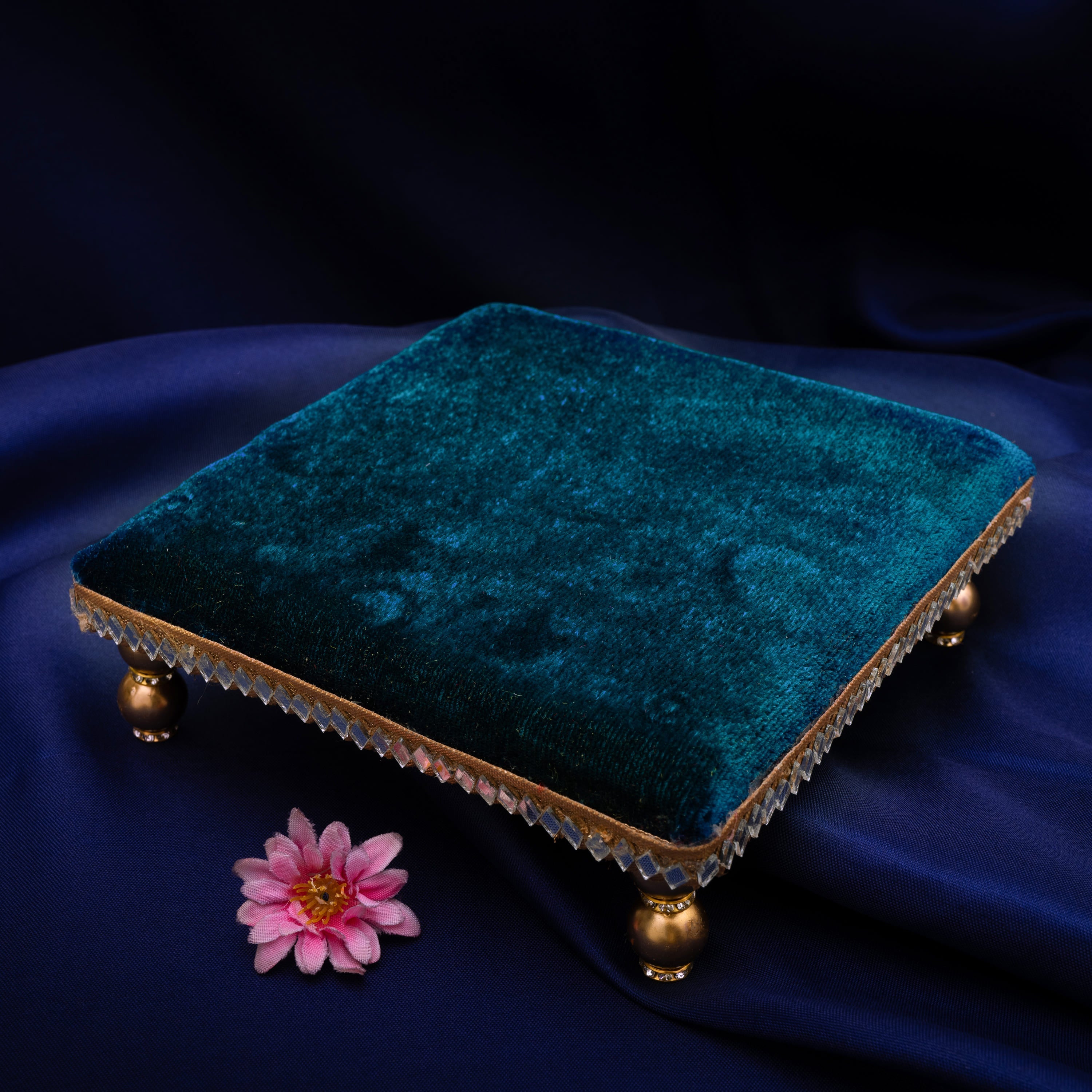 Damaroo 4X4 inch | Mirror Mystic Cushioned Chowki / Bajot | Velvety Golden Accent - Peacock Blue - Distacart