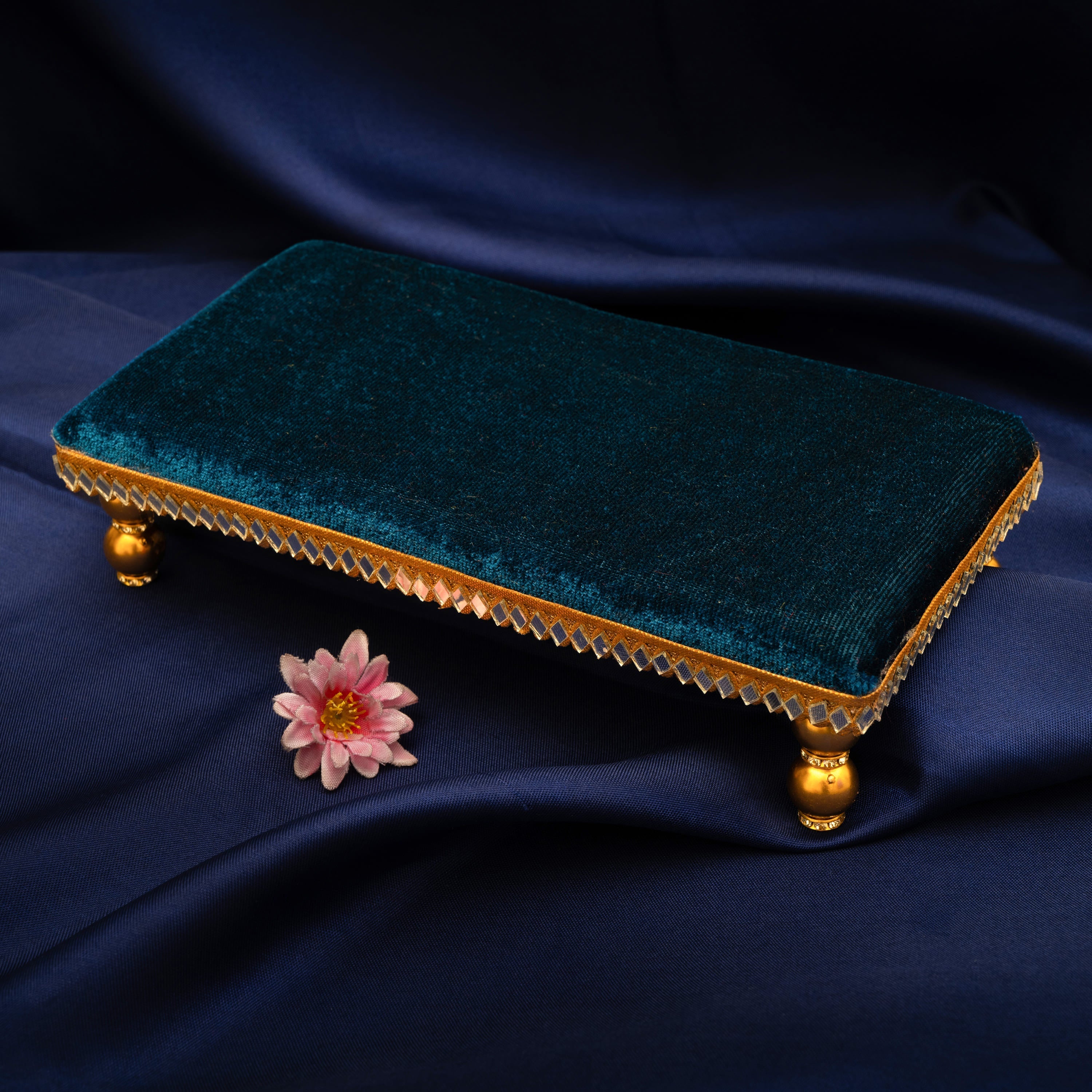 Damaroo 10X4 inch | Mirror Mystic Cushioned Chowki / Bajot | Velvety Golden Accent - Peacock Blue - Distacart