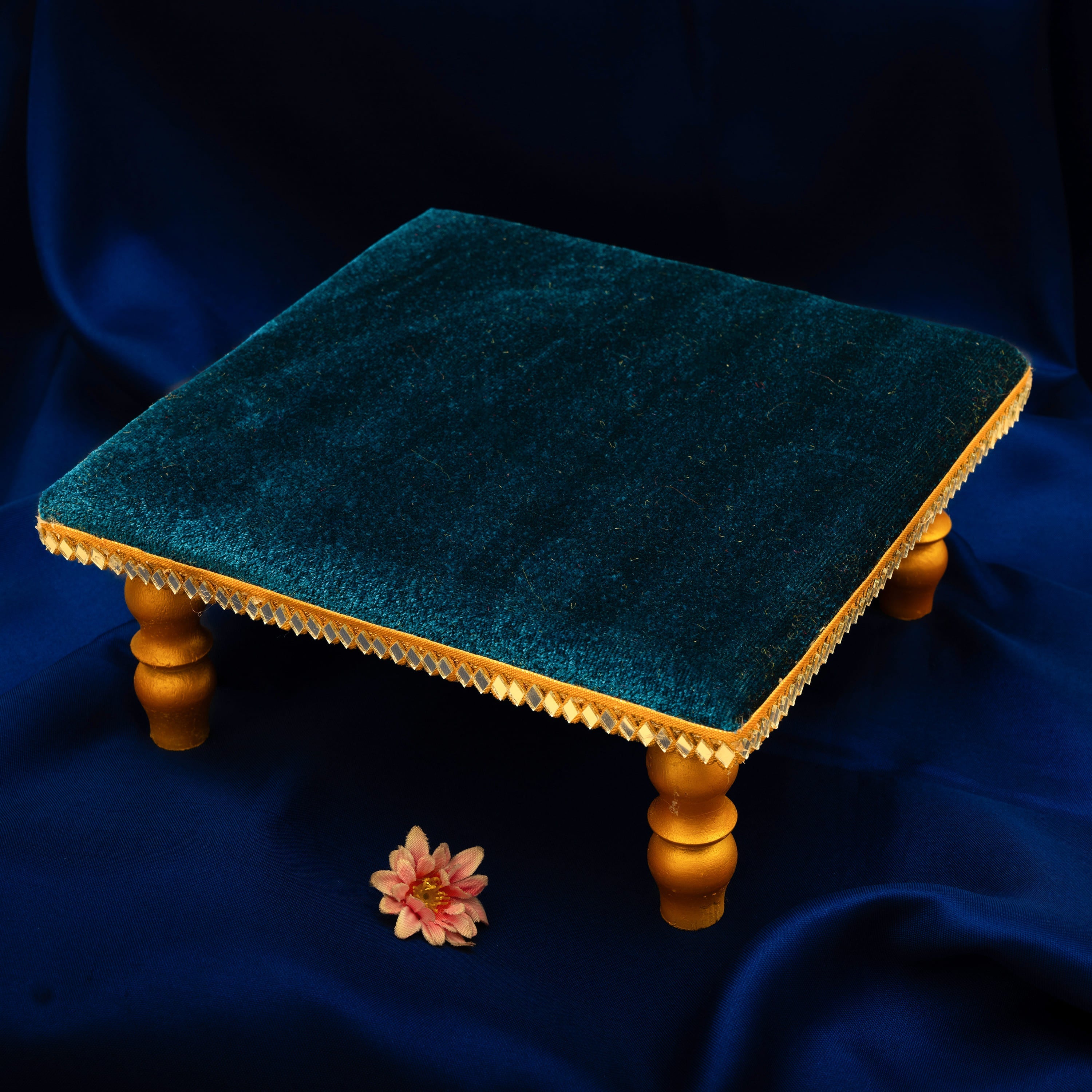 Damaroo 8X8 inch | Mirror Mystic Cushioned Chowki / Bajot | Velvety Golden Accent - Peacock Blue - Distacart