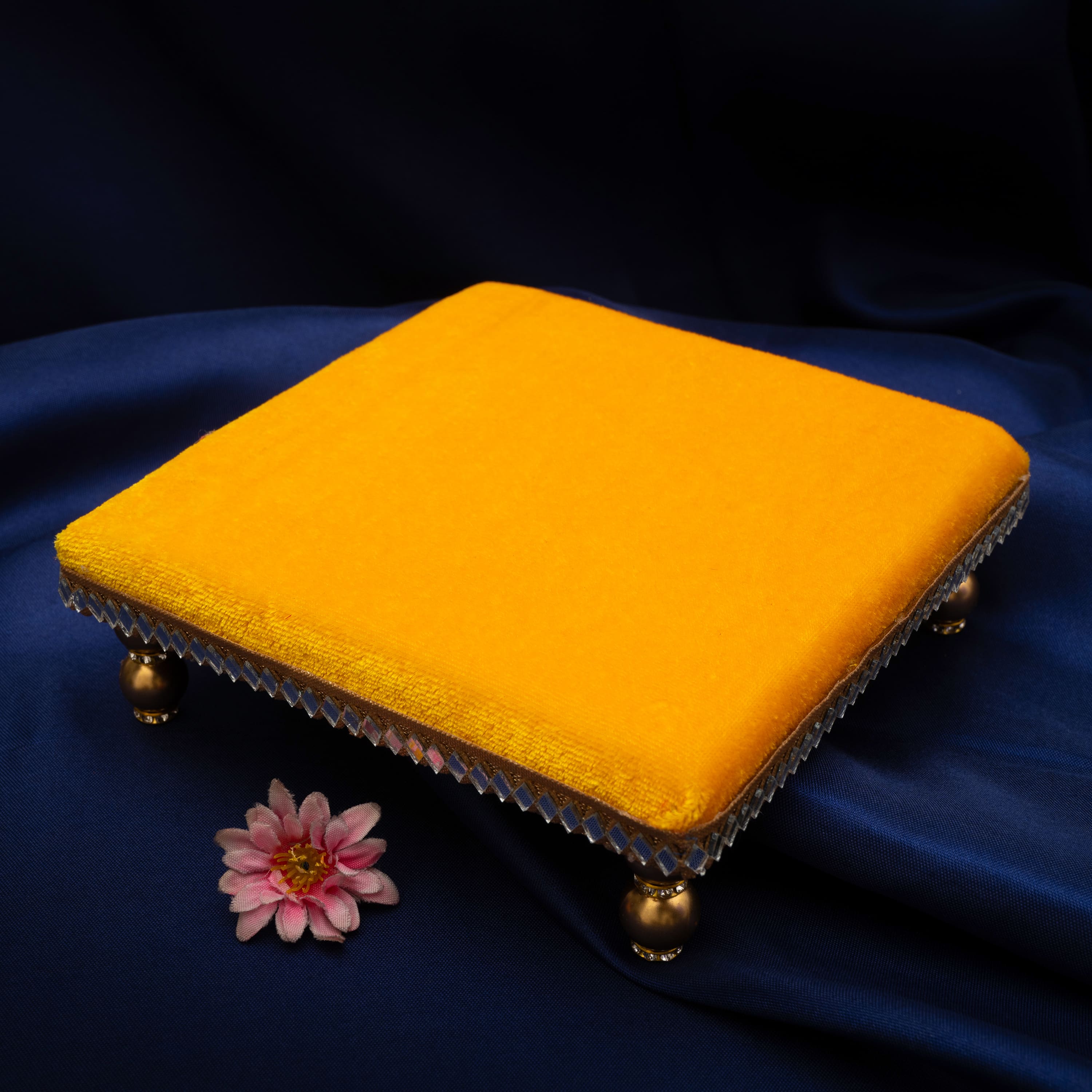 Damaroo 4X4 inch | Mirror Mystic Cushioned Chowki / Bajot | Velvety Golden Accent - Turmeric Yellow - Distacart