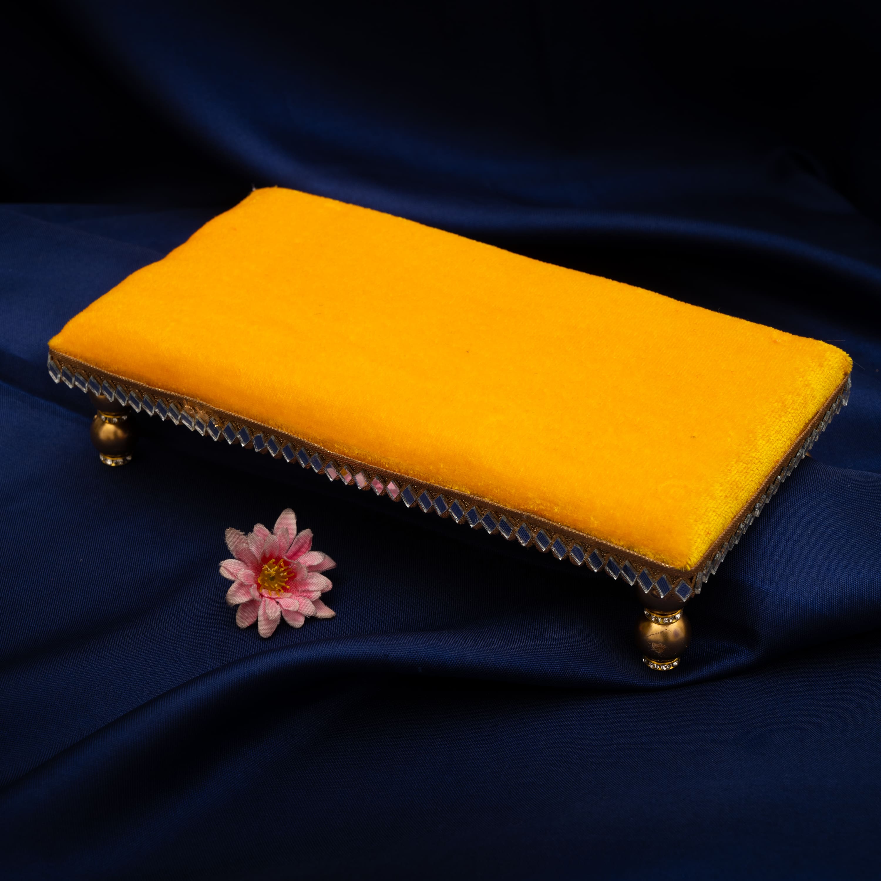 Damaroo 10X4 inch | Mirror Mystic Cushioned Chowki / Bajot | Velvety Golden Accent - Turmeric Yellow - Distacart