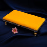 Thumbnail for Damaroo 10X4 inch | Mirror Mystic Cushioned Chowki / Bajot | Velvety Golden Accent - Turmeric Yellow - Distacart