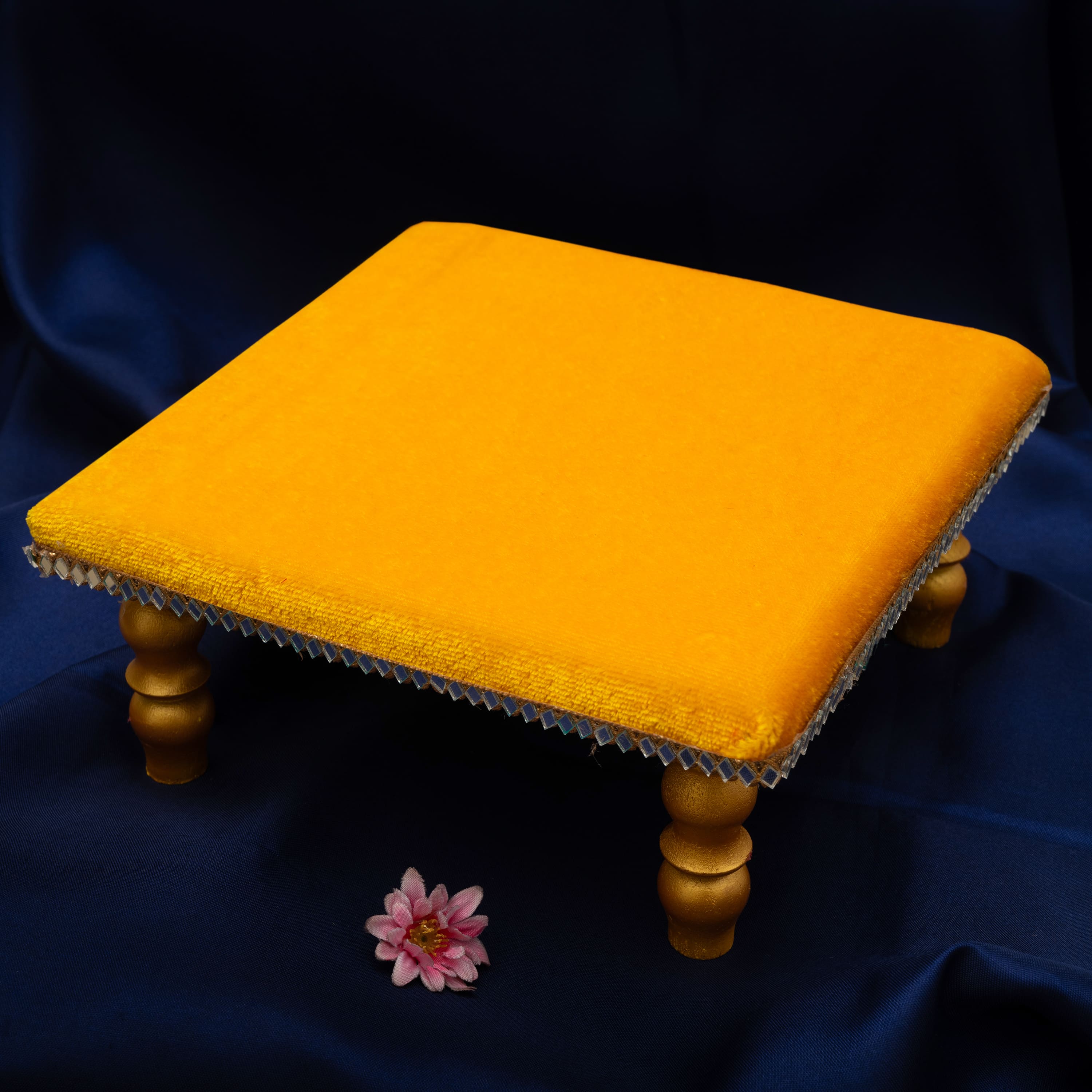 Damaroo 8X8 inch | Mirror Mystic Cushioned Chowki / Bajot | Velvety Golden Accent - Turmeric Yellow - Distacart