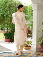 Thumbnail for Mirror Embroidered Silk Kurta With Pant & Embroidered Organza Dupatta, Beige - Hiral Fashion - Dista