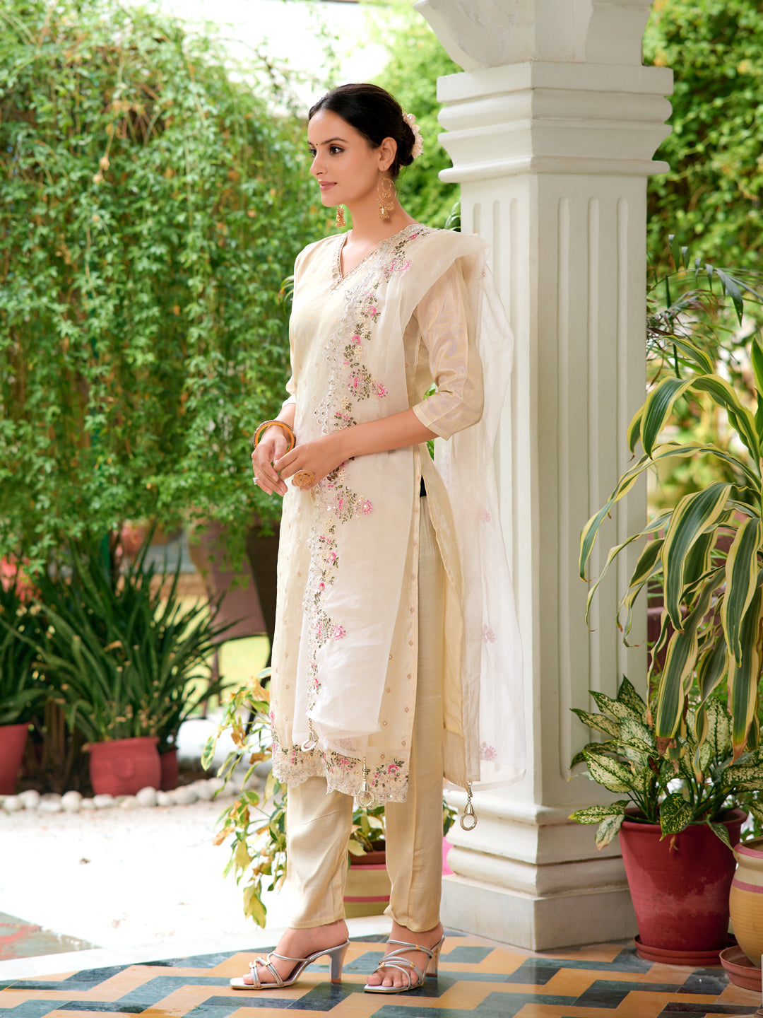 Mirror Embroidered Silk Kurta With Pant & Embroidered Organza Dupatta, Beige - Hiral Fashion - Dista