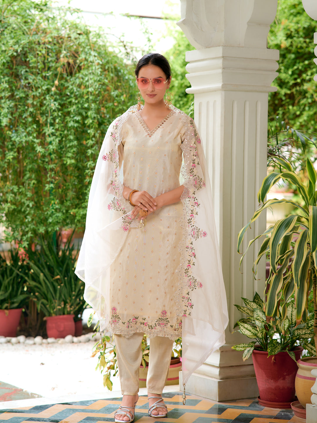 Mirror Embroidered Silk Kurta With Pant & Embroidered Organza Dupatta, Beige - Hiral Fashion - Dista