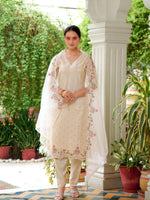 Thumbnail for Mirror Embroidered Silk Kurta With Pant & Embroidered Organza Dupatta, Beige - Hiral Fashion - Dista