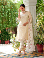 Thumbnail for Mirror Embroidered Silk Kurta With Pant & Embroidered Organza Dupatta, Beige - Hiral Fashion - Dista