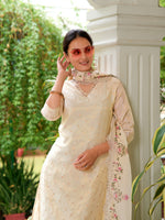 Thumbnail for Mirror Embroidered Silk Kurta With Pant & Embroidered Organza Dupatta, Beige - Hiral Fashion - Dista
