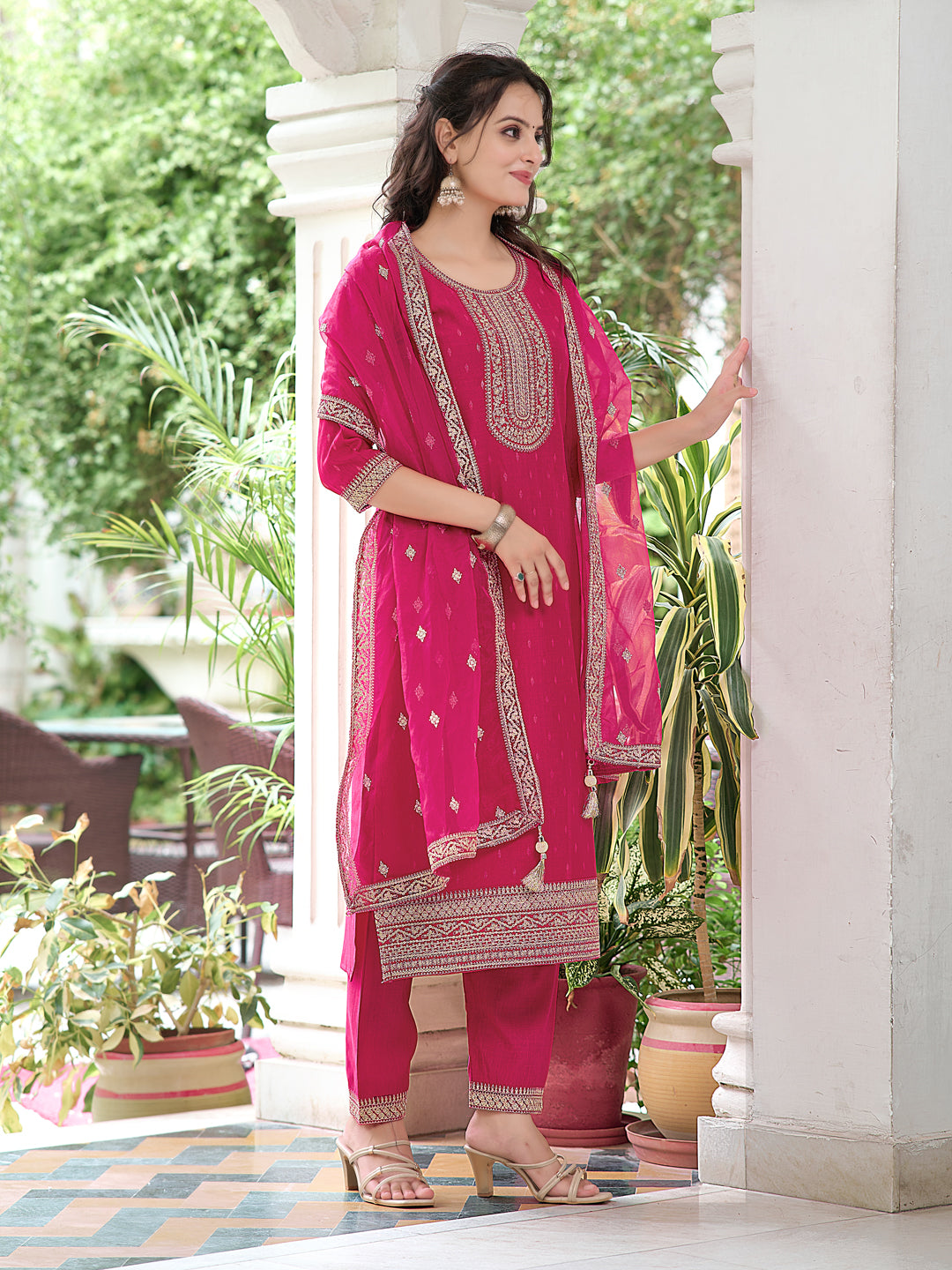 Embroidered Kurta With Embroidered Pant & Dupatta, Pink - Hiral Fashion - Dista