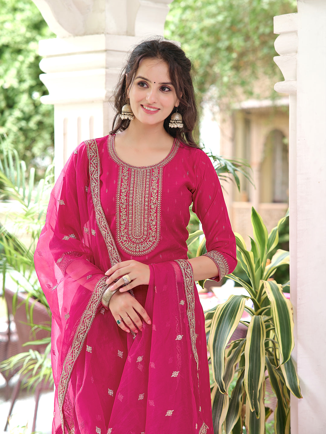 Embroidered Kurta With Embroidered Pant & Dupatta, Pink - Hiral Fashion - Dista