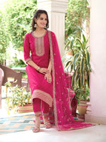 Thumbnail for Embroidered Kurta With Embroidered Pant & Dupatta, Pink - Hiral Fashion - Dista