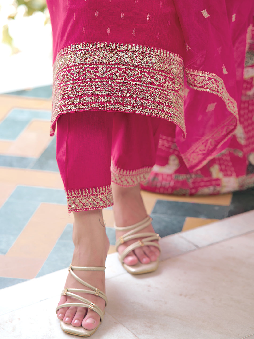 Embroidered Kurta With Embroidered Pant & Dupatta, Pink - Hiral Fashion - Dista