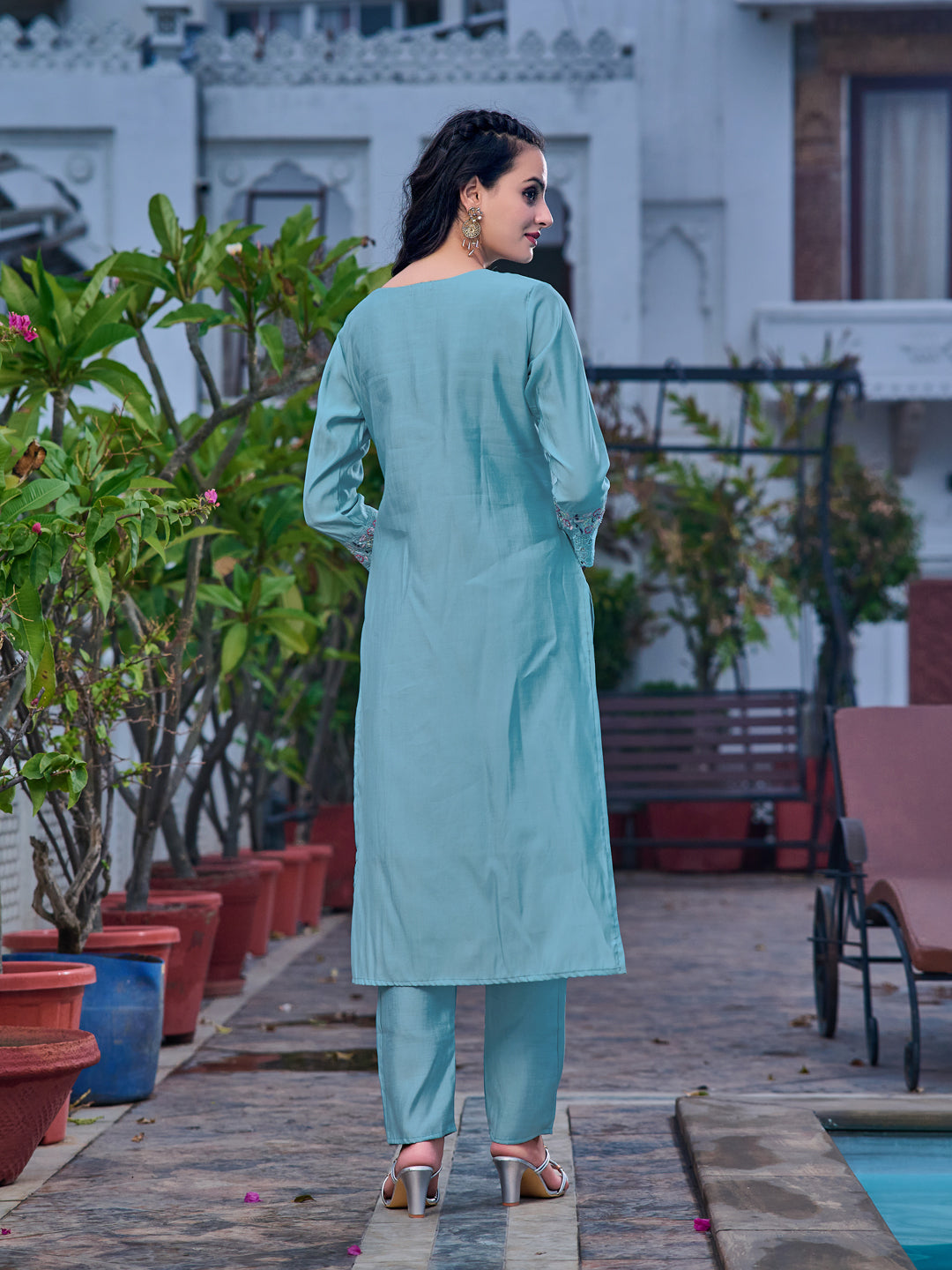 Embroidered Kurta With Pant & Printed Organza Dupatta, Blue - Hiral Fashion - Dista