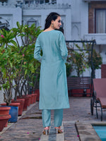 Thumbnail for Embroidered Kurta With Pant & Printed Organza Dupatta, Blue - Hiral Fashion - Dista