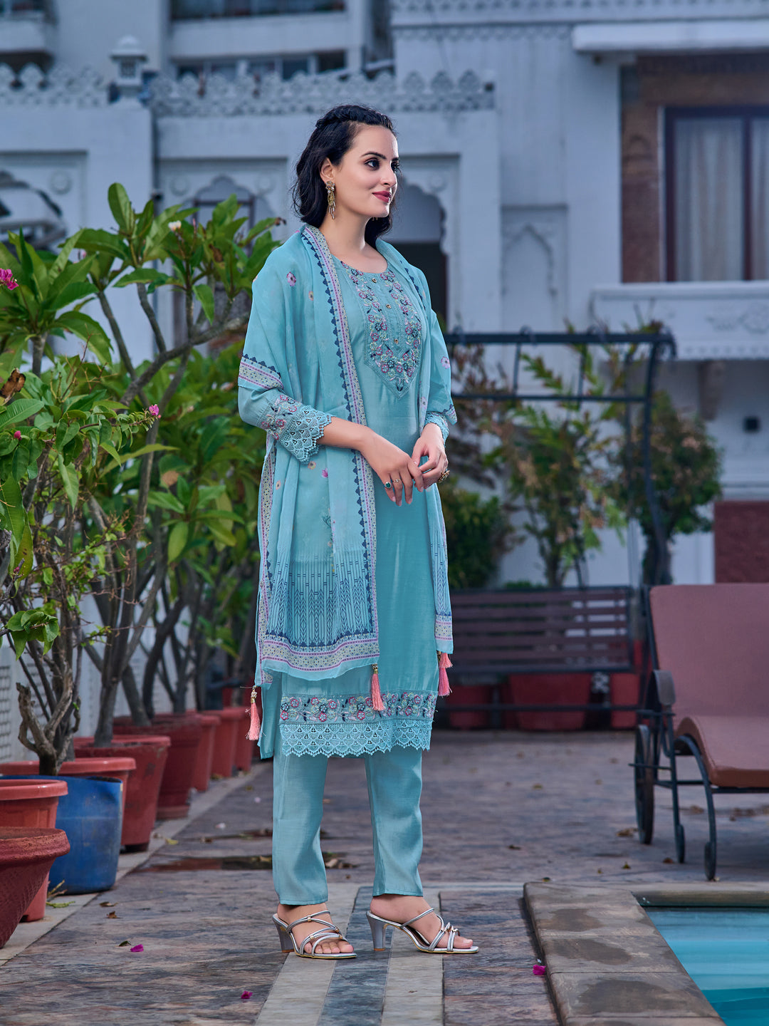 Embroidered Kurta With Pant & Printed Organza Dupatta, Blue - Hiral Fashion - Dista