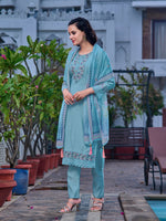 Thumbnail for Embroidered Kurta With Pant & Printed Organza Dupatta, Blue - Hiral Fashion - Dista