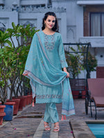 Thumbnail for Embroidered Kurta With Pant & Printed Organza Dupatta, Blue - Hiral Fashion - Dista