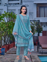 Thumbnail for Embroidered Kurta With Pant & Printed Organza Dupatta, Blue - Hiral Fashion - Dista