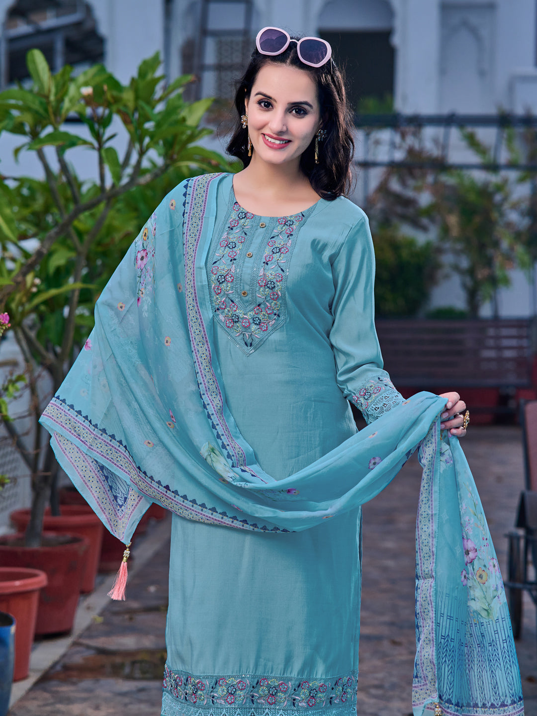 Embroidered Kurta With Pant & Printed Organza Dupatta, Blue - Hiral Fashion - Dista