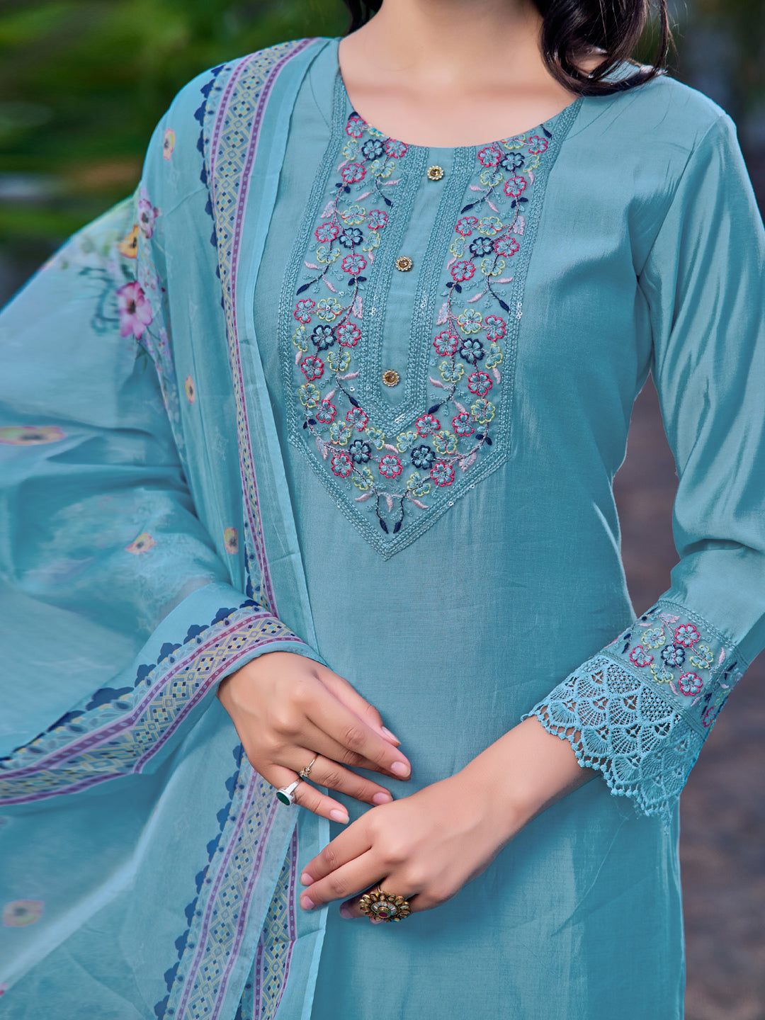 Embroidered Kurta With Pant & Printed Organza Dupatta, Blue - Hiral Fashion - Dista