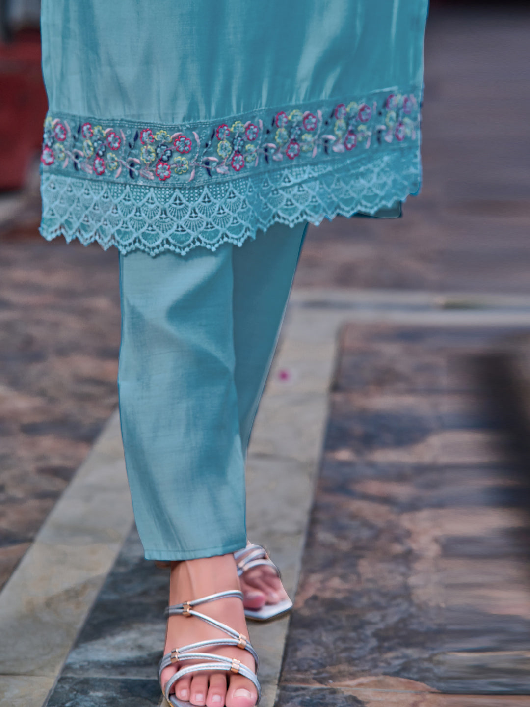 Embroidered Kurta With Pant & Printed Organza Dupatta, Blue - Hiral Fashion - Dista