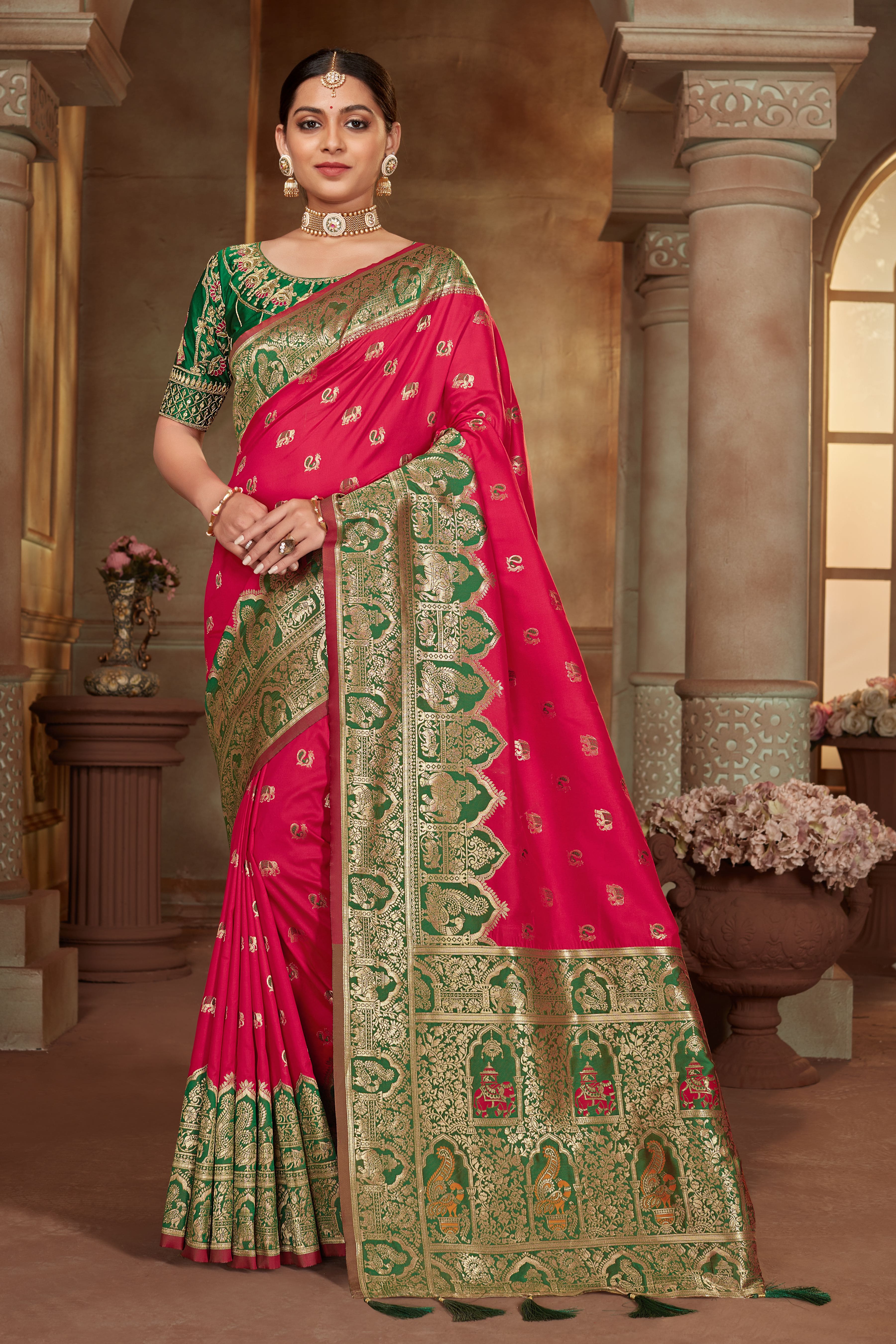 MANOHARI Banarasi Silk Blend Jacquard Work Saree - Pink - Dista