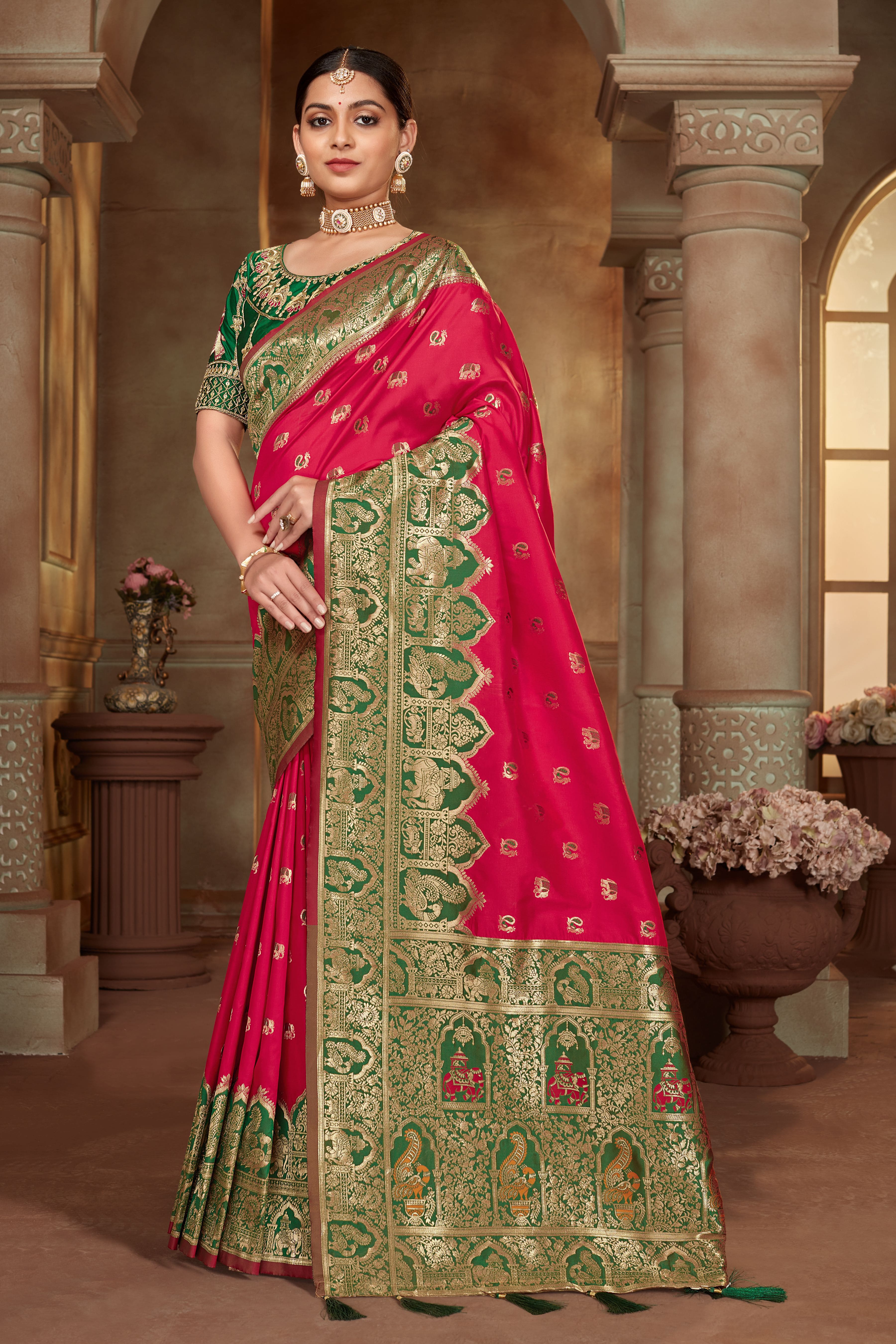 MANOHARI Banarasi Silk Blend Jacquard Work Saree - Pink - Dista