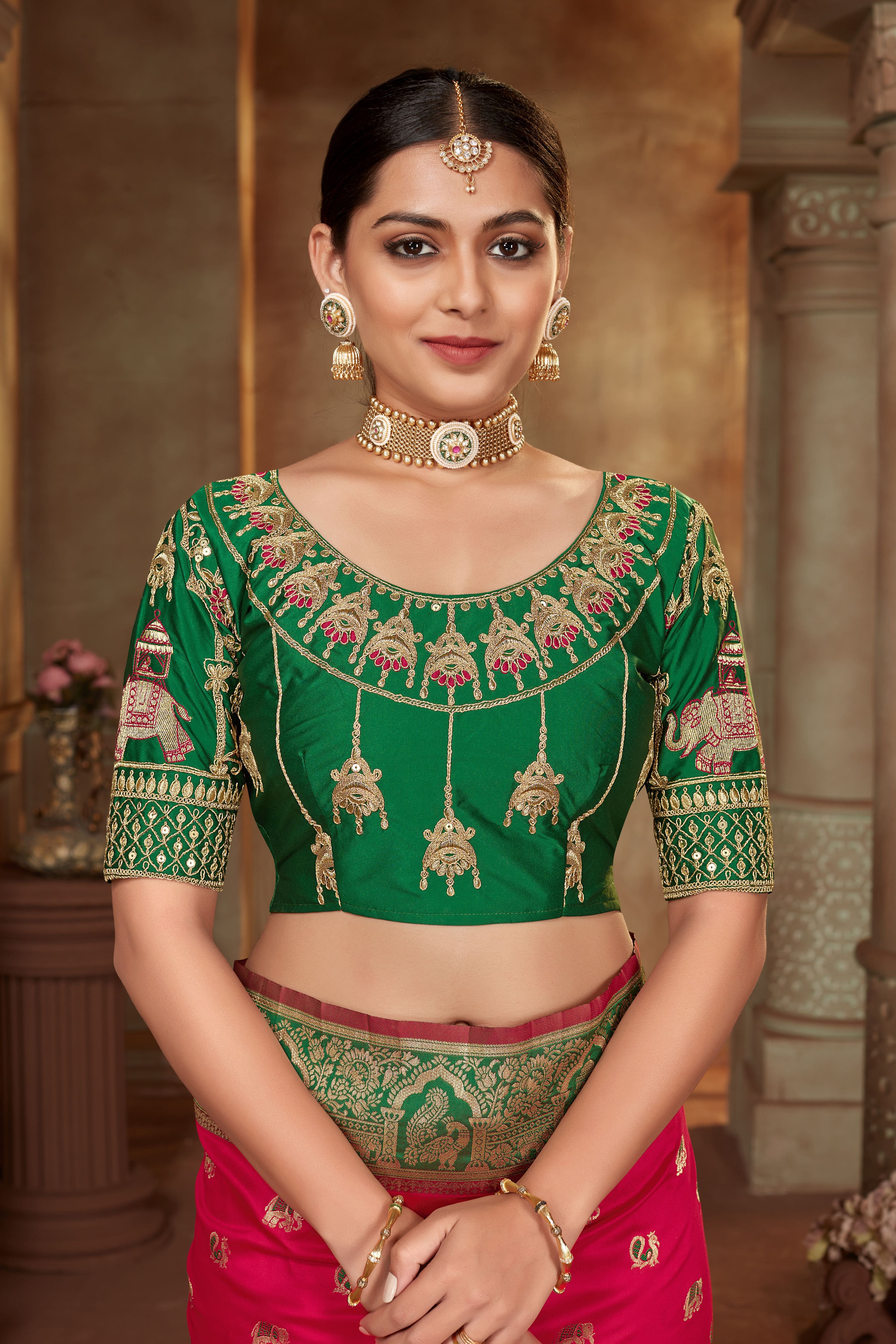 MANOHARI Banarasi Silk Blend Jacquard Work Saree - Pink - Dista
