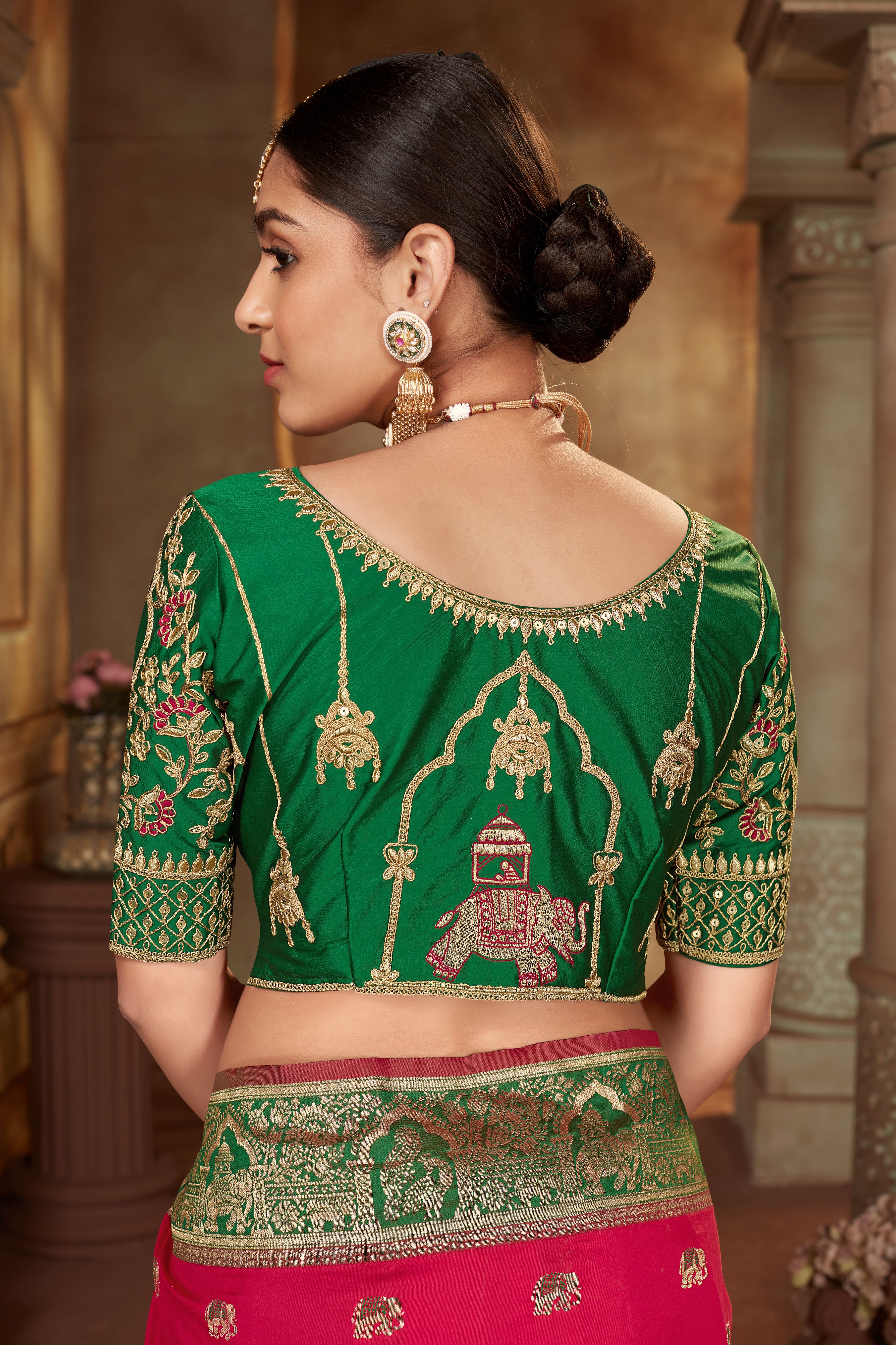 MANOHARI Banarasi Silk Blend Jacquard Work Saree - Pink - Dista