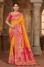 Thumbnail for MANOHARI Banarasi Silk Blend Jacquard Work Saree - Yellow - Dista